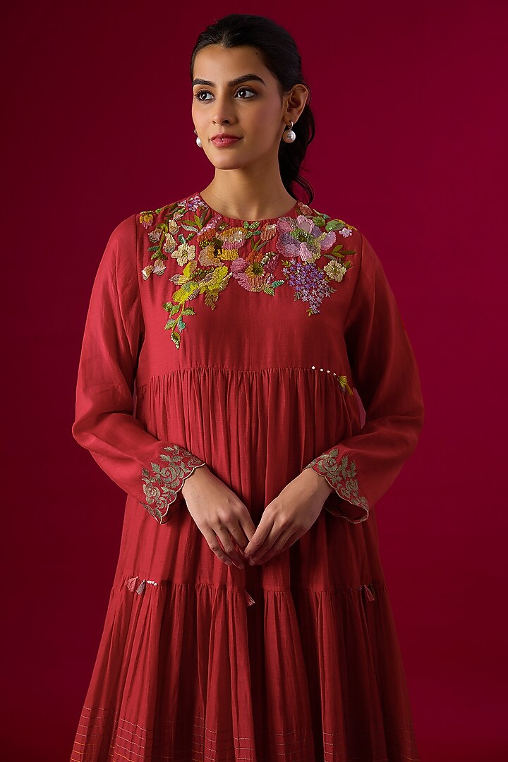 Red Fine Chanderi Embroidered Tiered Vacation Dress by Half Full Curve at Pernia's Pop Up Shop