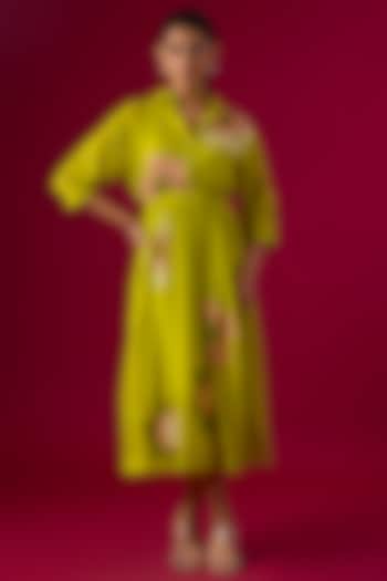 Green Fine Chanderi Floral Embroidered Vacation Shirt Dress by Half Full Curve at Pernia's Pop Up Shop