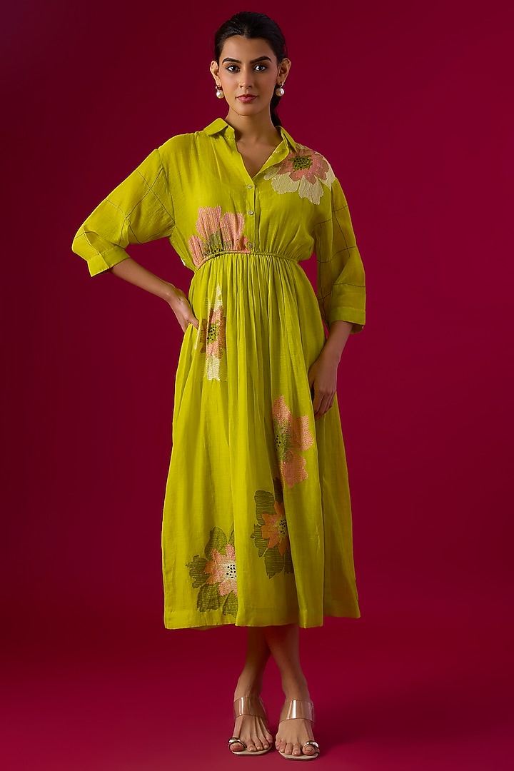 Green Fine Chanderi Floral Embroidered Vacation Shirt Dress by Half Full Curve at Pernia's Pop Up Shop
