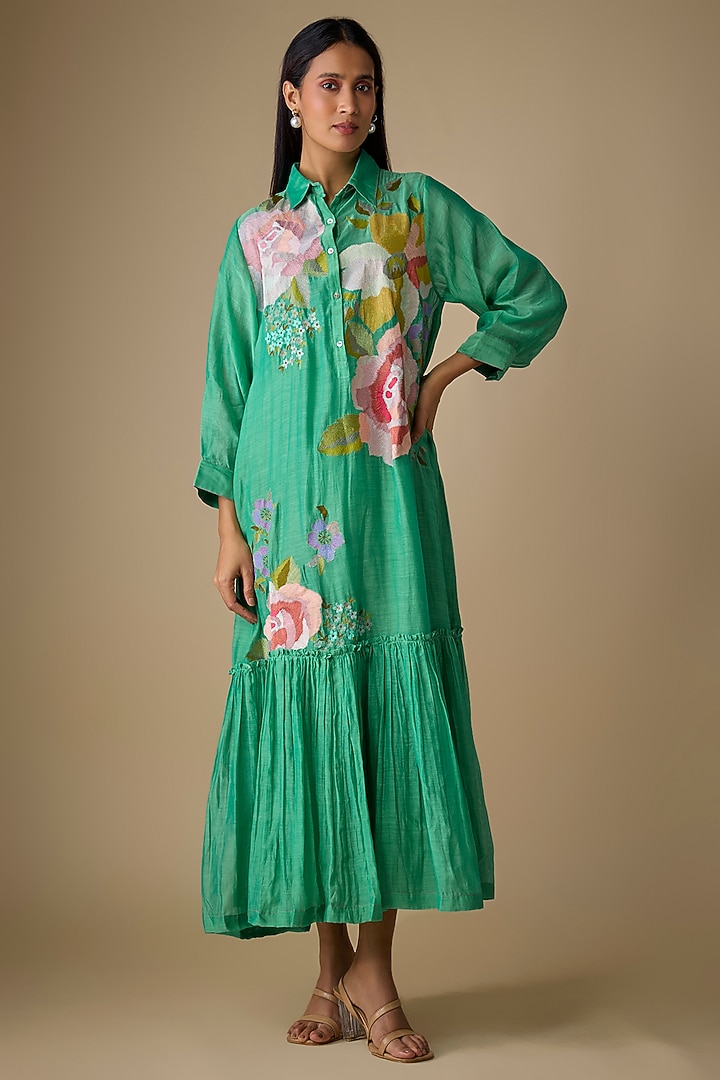 Blue Fine Chanderi Embroidered Vacation Dress by Half Full Curve at Pernia's Pop Up Shop