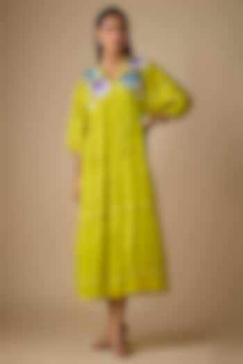 Green Fine Chanderi Embroidered Vacation Dress by Half Full Curve at Pernia's Pop Up Shop
