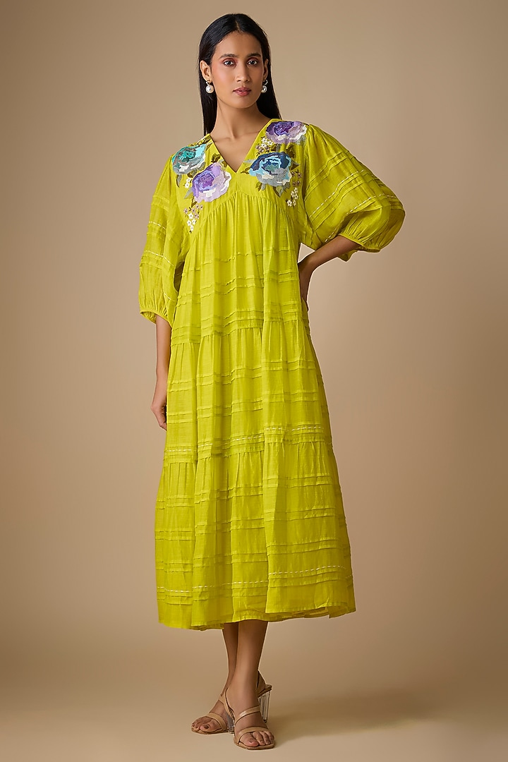 Green Fine Chanderi Embroidered Vacation Dress by Half Full Curve at Pernia's Pop Up Shop
