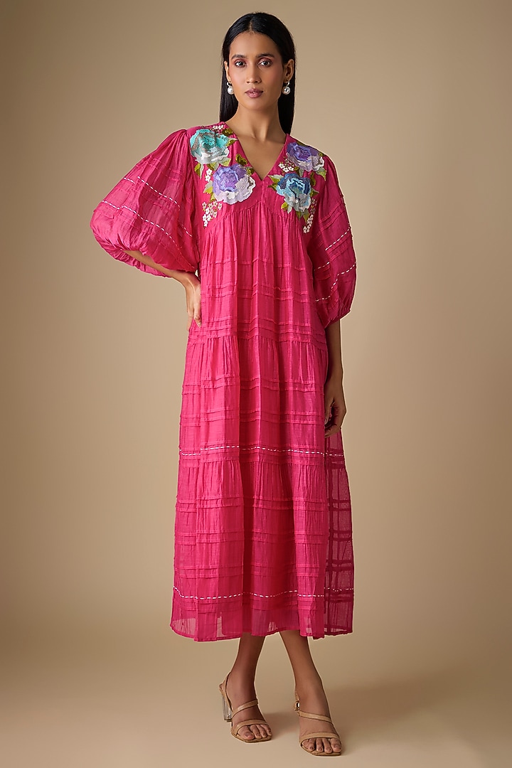 Pink Fine Chanderi Embroidered Vacation Dress by Half Full Curve at Pernia's Pop Up Shop
