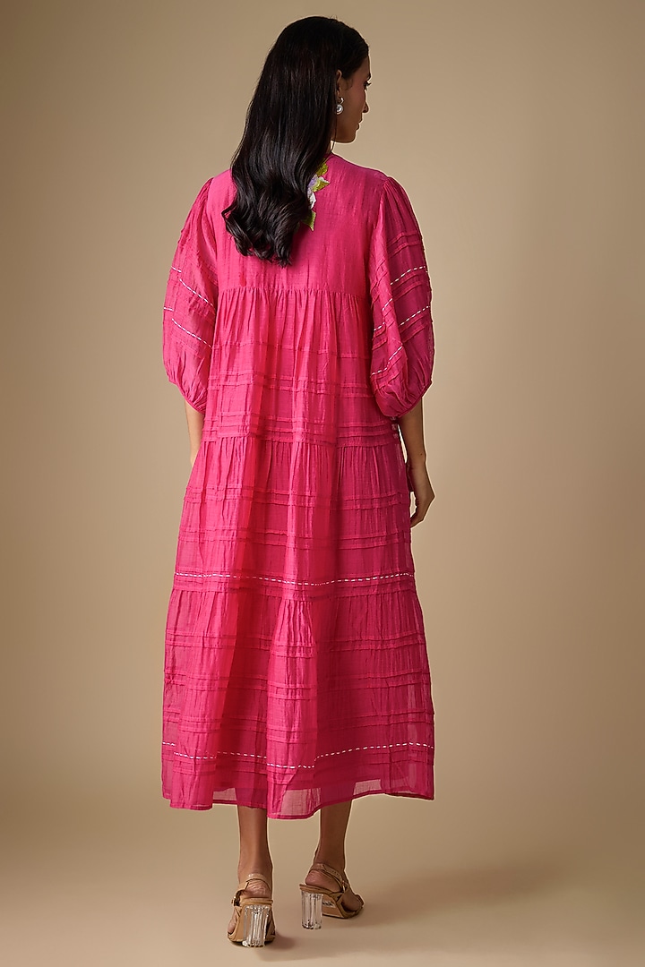Pink Fine Chanderi Embroidered Vacation Dress by Half Full Curve at Pernia's Pop Up Shop