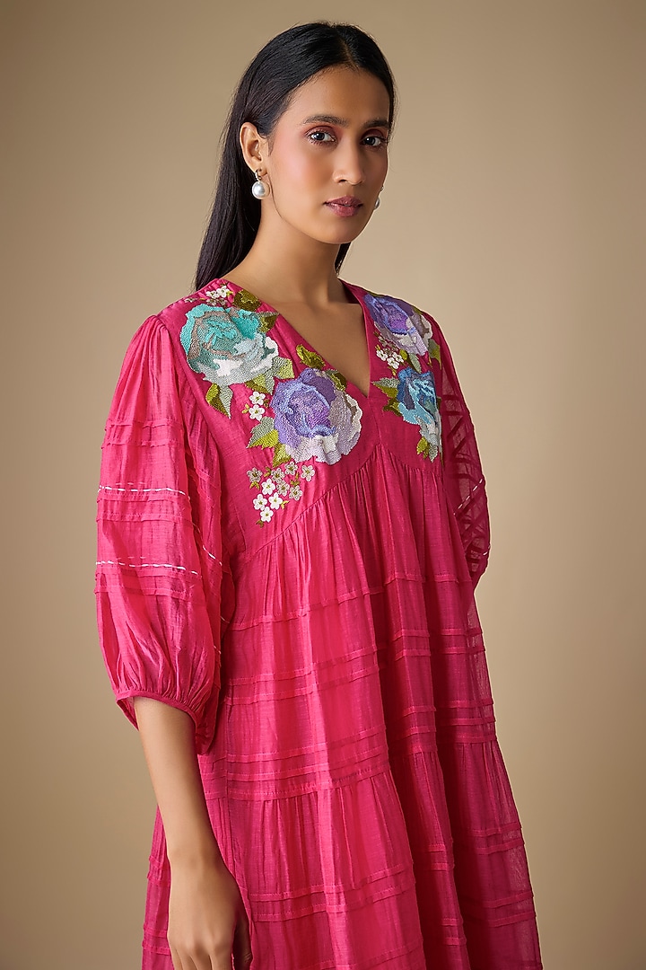 Pink Fine Chanderi Embroidered Vacation Dress by Half Full Curve at Pernia's Pop Up Shop
