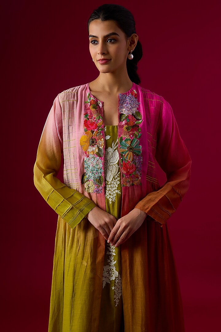 Multi-Colored Fine Chanderi Embroidered Jacket by Half Full Curve at Pernia's Pop Up Shop