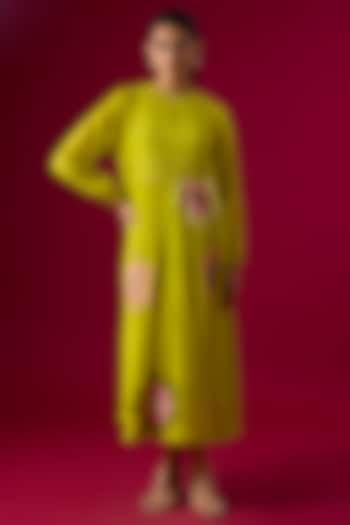 Green Fine Chanderi Floral Embroidered Gathered Vacation Dress by Half Full Curve at Pernia's Pop Up Shop