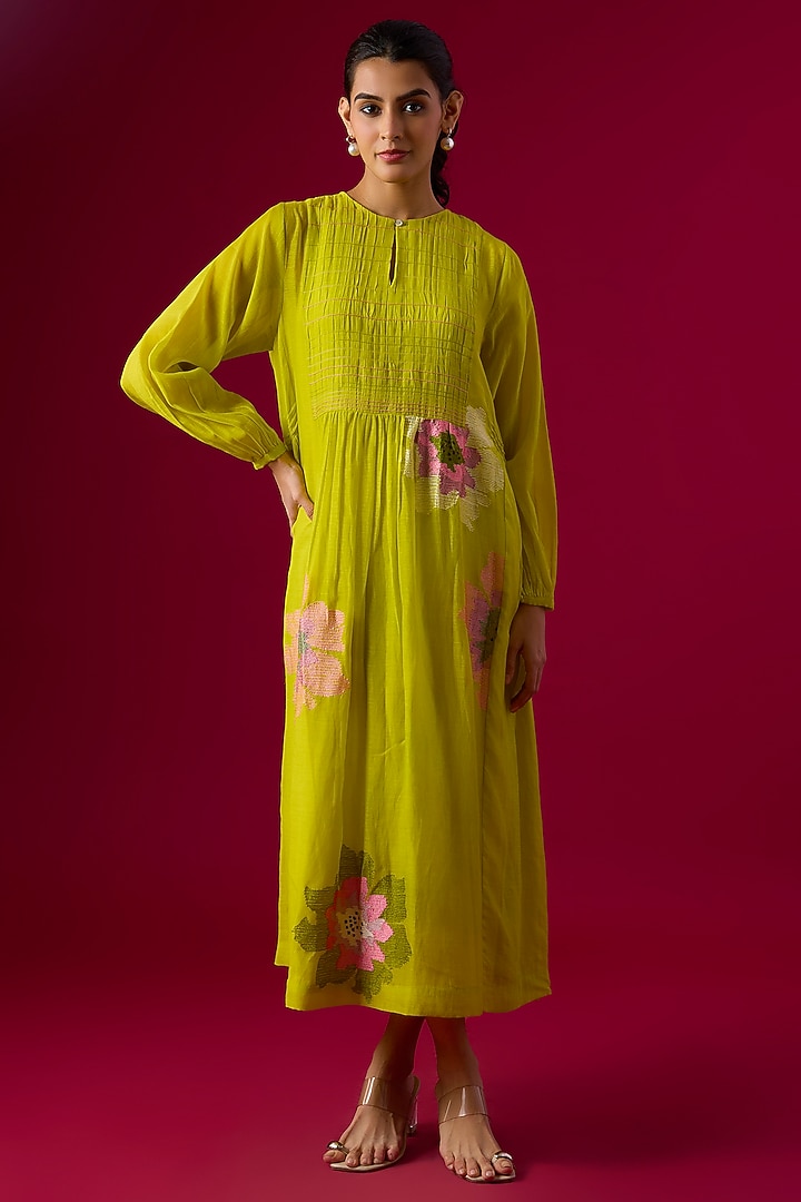 Green Fine Chanderi Floral Embroidered Gathered Vacation Dress by Half Full Curve at Pernia's Pop Up Shop