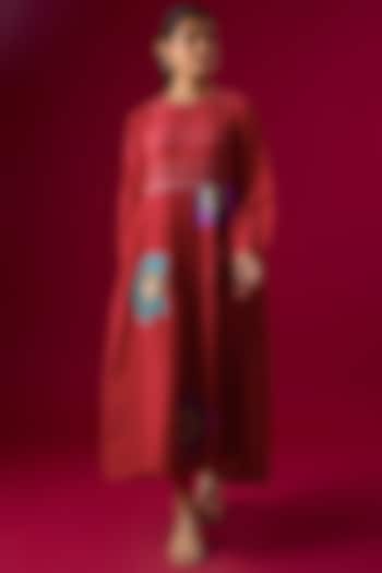 Red Fine Chanderi Floral Embroidered Gathered Vacation Dress by Half Full Curve at Pernia's Pop Up Shop