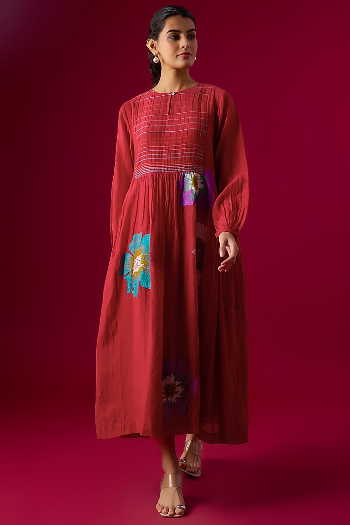 Red Fine Chanderi Floral Embroidered Gathered Vacation Dress by Half Full Curve at Pernia's Pop Up Shop