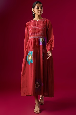 Red Fine Chanderi Floral Embroidered Gathered Dress by Half Full Curve