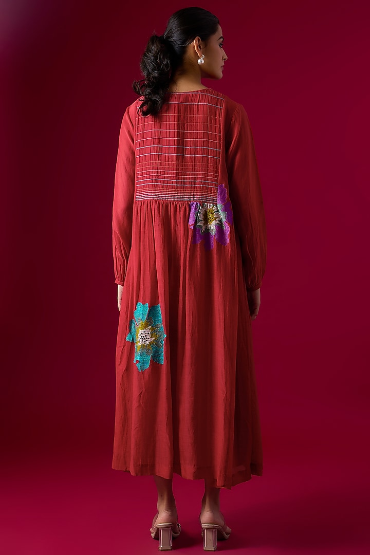 Red Fine Chanderi Floral Embroidered Gathered Vacation Dress by Half Full Curve at Pernia's Pop Up Shop