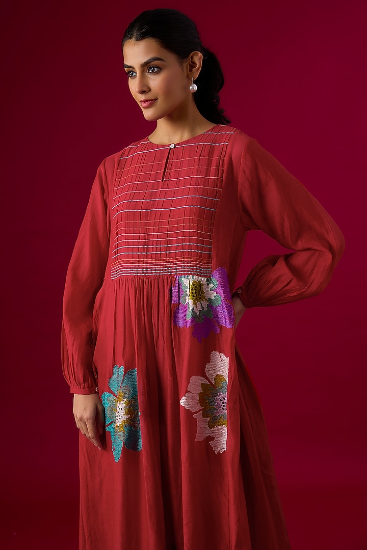 Red Fine Chanderi Floral Embroidered Gathered Vacation Dress by Half Full Curve at Pernia's Pop Up Shop