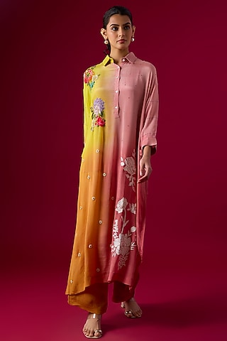 Multi-Colored Crepe Chiffon Embroidered Kurta Set by Half Full Curve