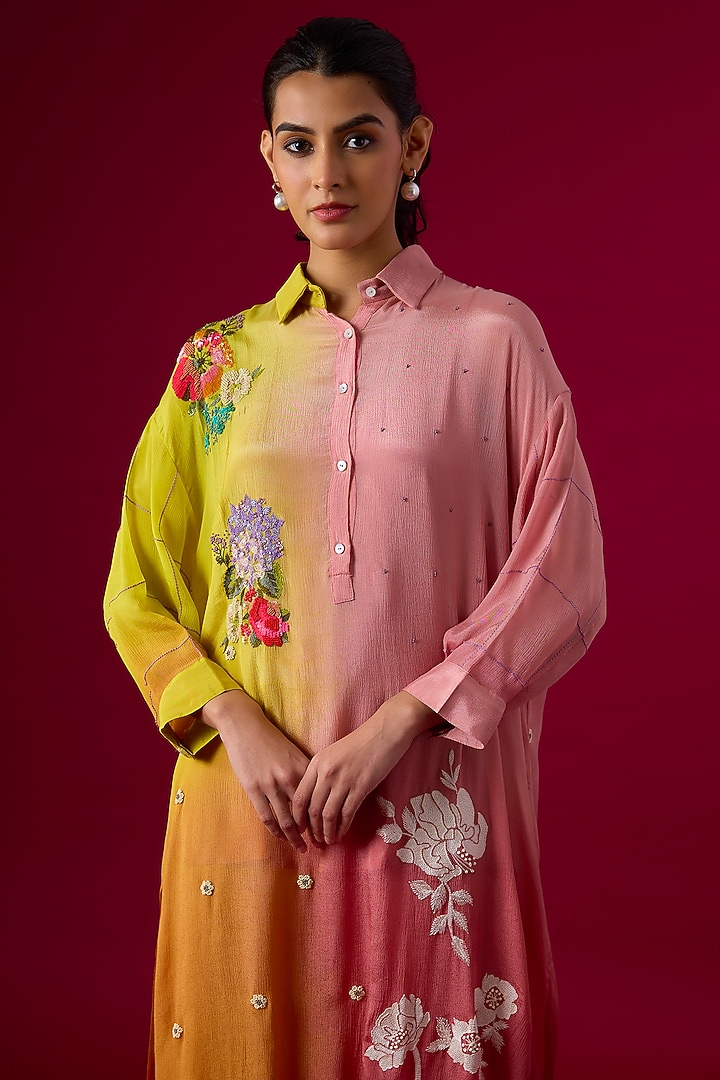 Multi-Colored Crepe Chiffon Embroidered Kurta Set by Half Full Curve at Pernia's Pop Up Shop