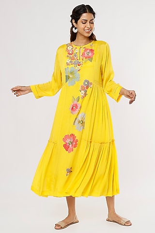 Yellow Crepe Chiffon Midi Dress by Half Full Curve