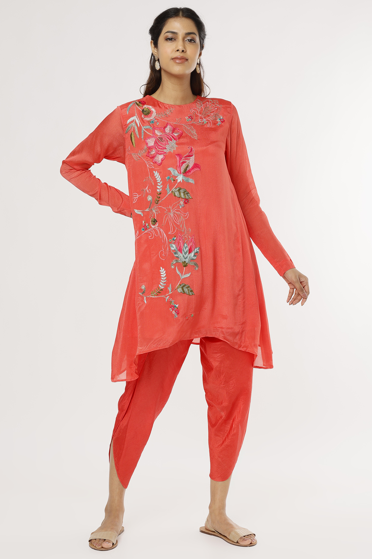 Orange Embroidered Kurta Set by Half Full Curve