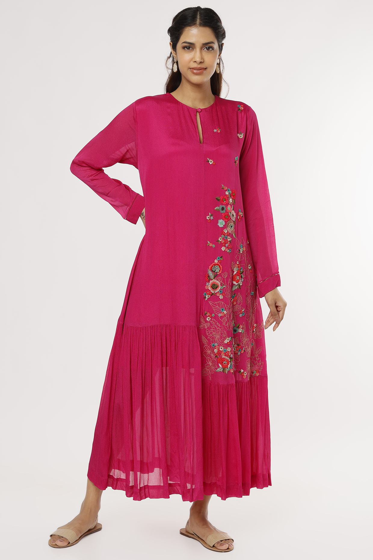 Fuchsia Crepe Chiffon Midi Vacation Dress by Half Full Curve at Pernia's Pop Up Shop