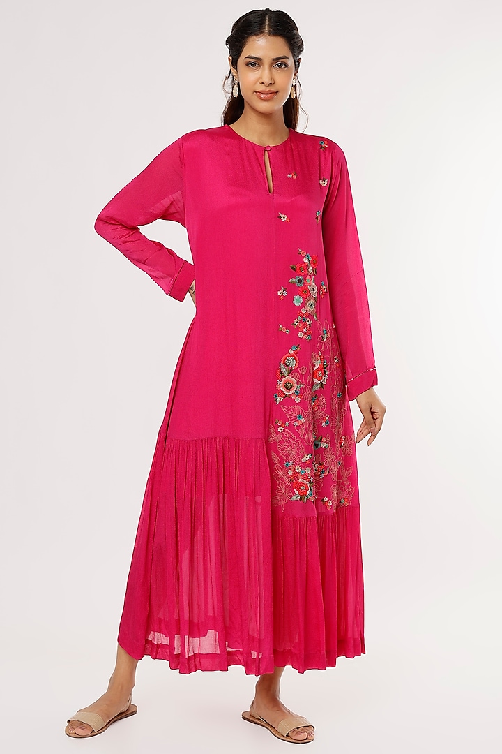 Fuchsia Crepe Chiffon Midi Vacation Dress by Half Full Curve at Pernia's Pop Up Shop