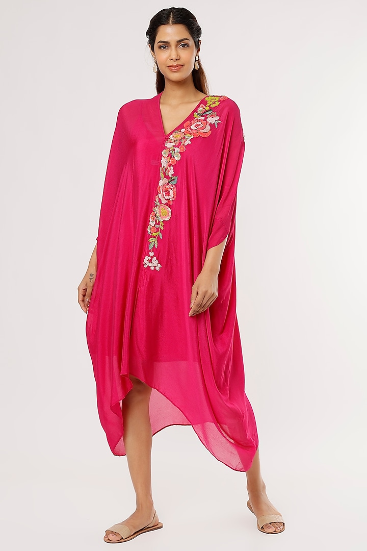 Fuchsia Floral Embroidered Kaftan by Half Full Curve at Pernia's Pop Up Shop