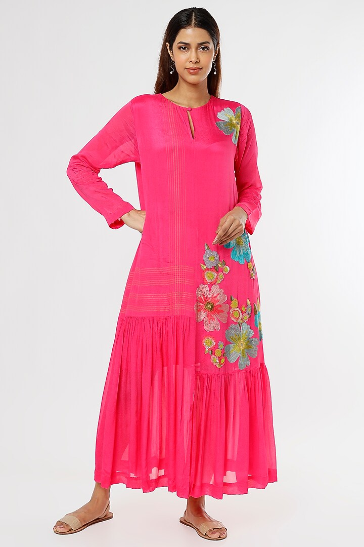 Bright Pink Crepe Chiffon Midi Vacation Dress by Half Full Curve at Pernia's Pop Up Shop