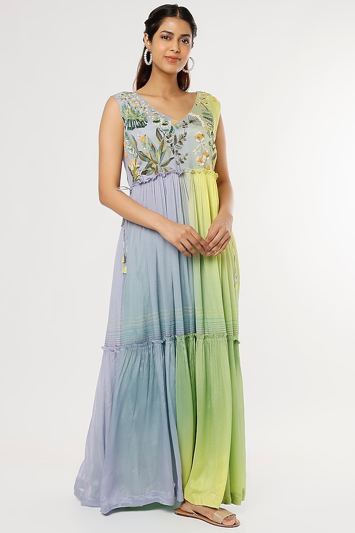 Blue & Yellow Crepe Chiffon Maxi Dress by Half Full Curve