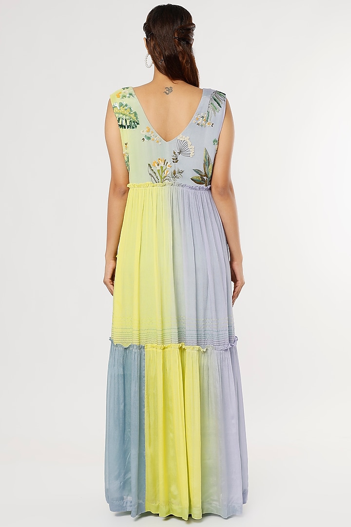 Blue & Yellow Crepe Chiffon Maxi Vacation Dress by Half Full Curve at Pernia's Pop Up Shop