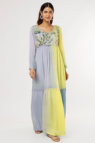 Blue & Yellow Crepe Chiffon Flapper Dress by Half Full Curve