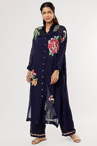 Blue Embroidered Kurta Set by Half Full Curve