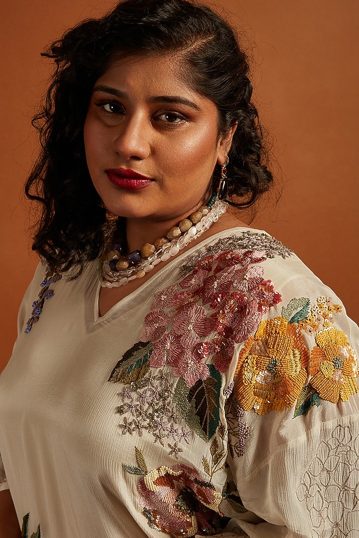 Ecru Crepe Chiffon Hydrangea Embroidered Midi Cocktail Dress by Half Full Curve at Pernia's Pop Up Shop