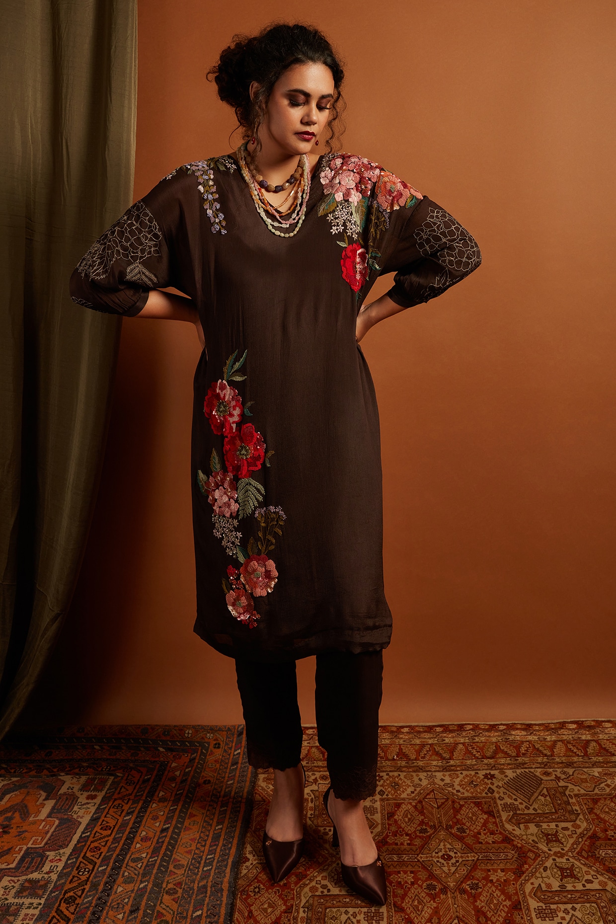 Half Full Curve Brown Crepe Chiffon Hydrangea Embroidered Kurta Set