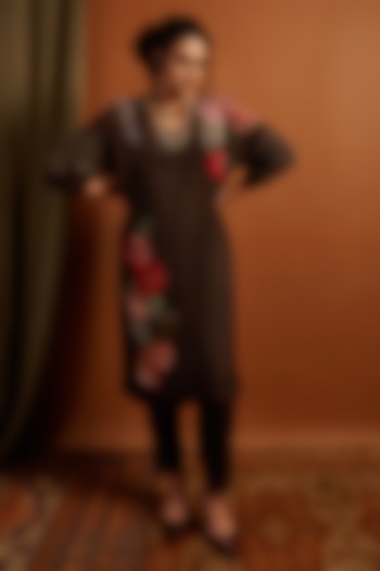 Brown Crepe Chiffon Hydrangea Embroidered Kurta Set by Half Full Curve at Pernia's Pop Up Shop