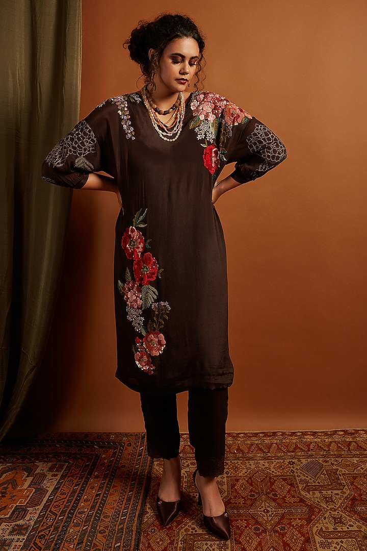 Brown Crepe Chiffon Hydrangea Embroidered Kurta Set by Half Full Curve at Pernia's Pop Up Shop