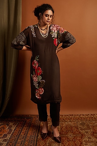 Brown Crepe Chiffon Hydrangea Embroidered Kurta Set by Half Full Curve