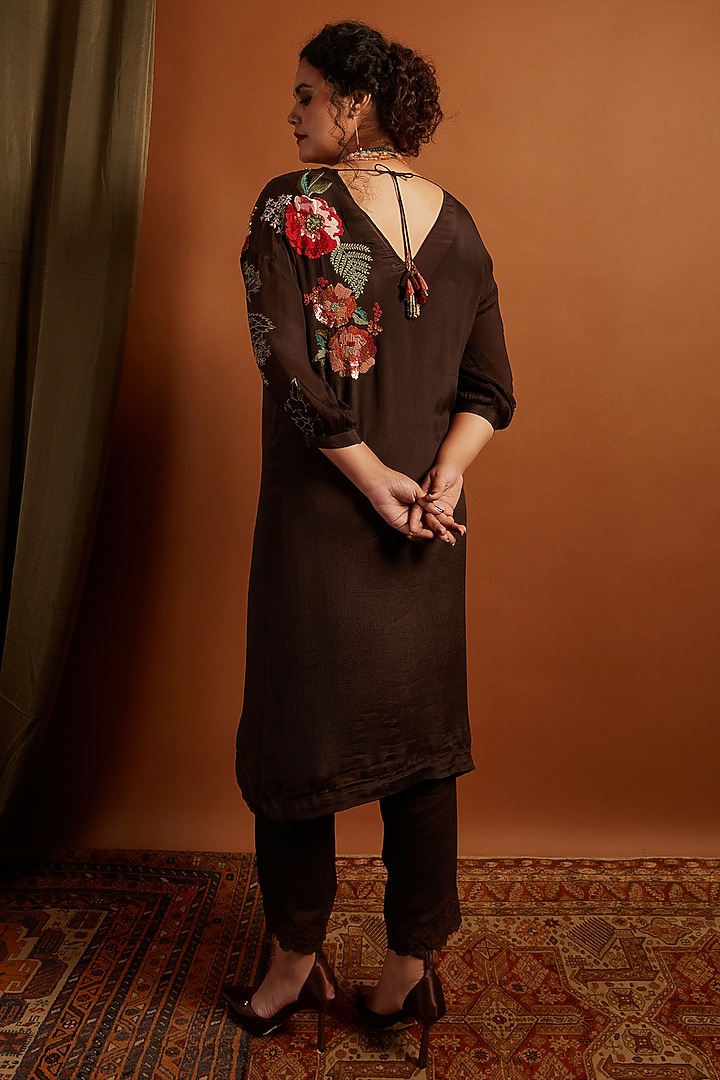 Brown Crepe Chiffon Hydrangea Embroidered Kurta Set by Half Full Curve at Pernia's Pop Up Shop