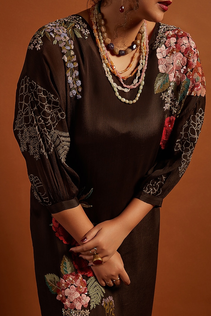 Brown Crepe Chiffon Hydrangea Embroidered Kurta Set by Half Full Curve at Pernia's Pop Up Shop