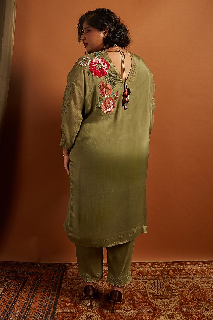 Sage Crepe Chiffon Hydrangea Embroidered Kurta Set by Half Full Curve at Pernia's Pop Up Shop
