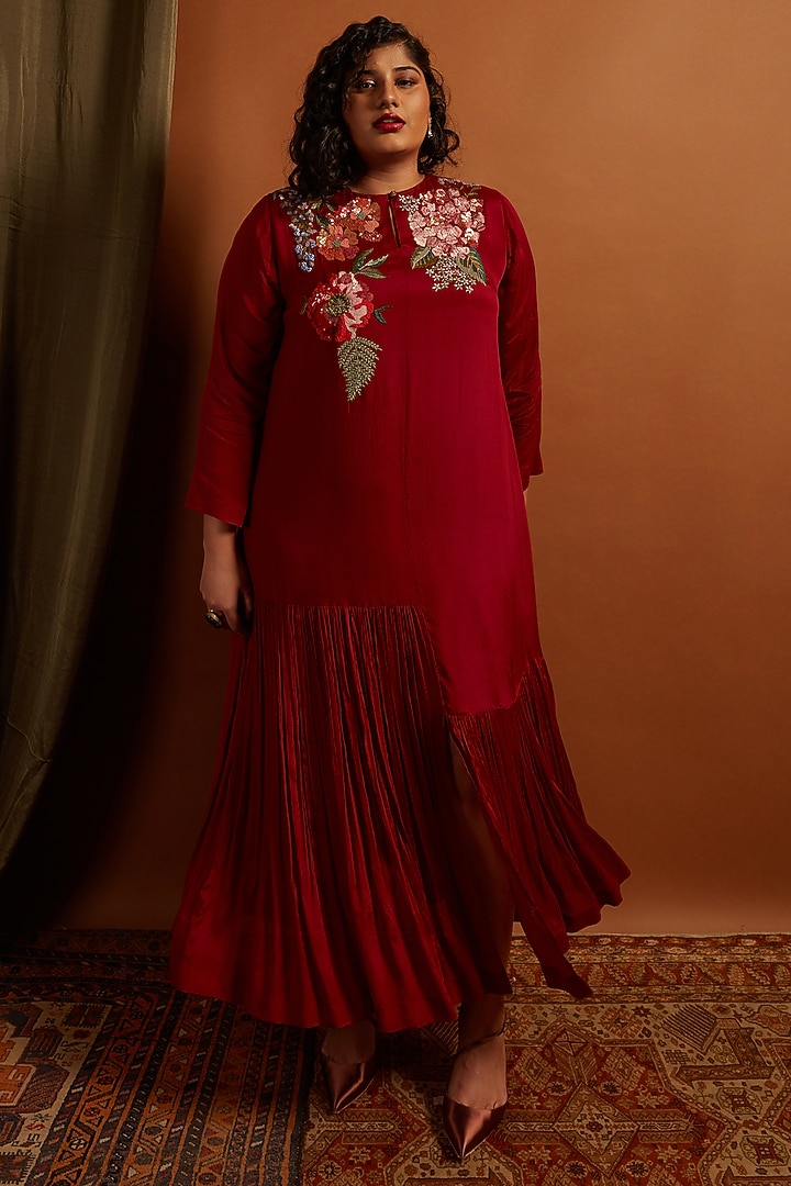 Deep Red Crepe Chiffon Embroidered Flapper Vacation Dress by Half Full Curve at Pernia's Pop Up Shop
