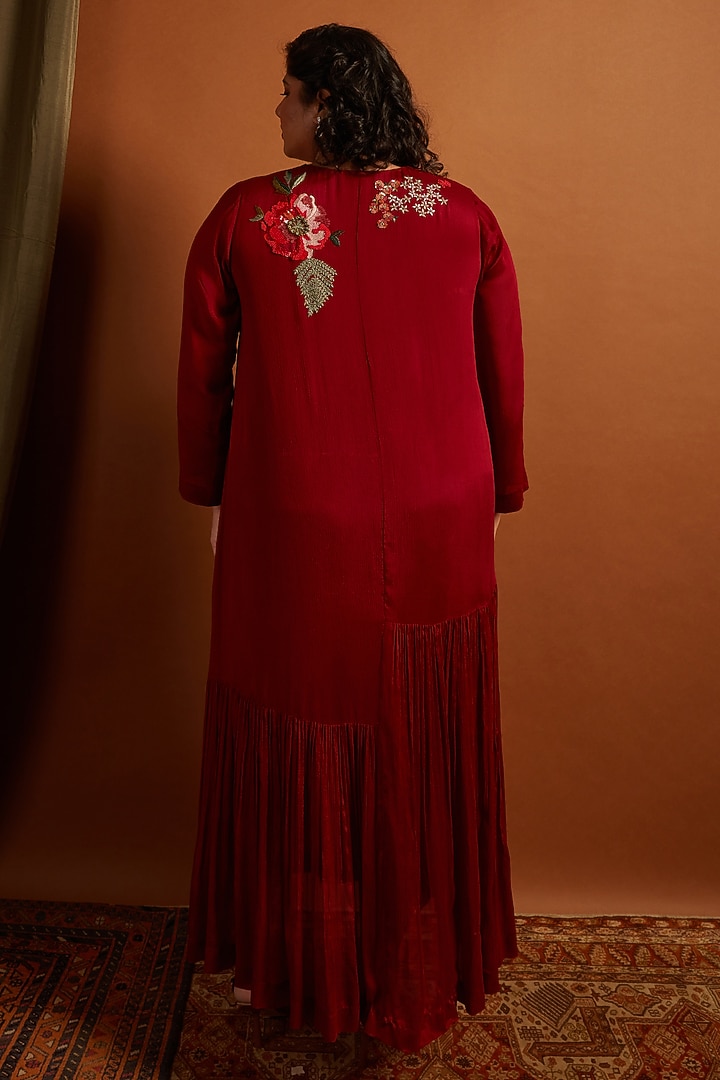 Deep Red Crepe Chiffon Embroidered Flapper Vacation Dress by Half Full Curve at Pernia's Pop Up Shop