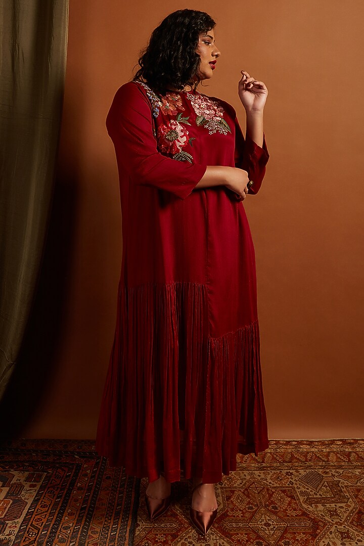 Deep Red Crepe Chiffon Embroidered Flapper Vacation Dress by Half Full Curve at Pernia's Pop Up Shop