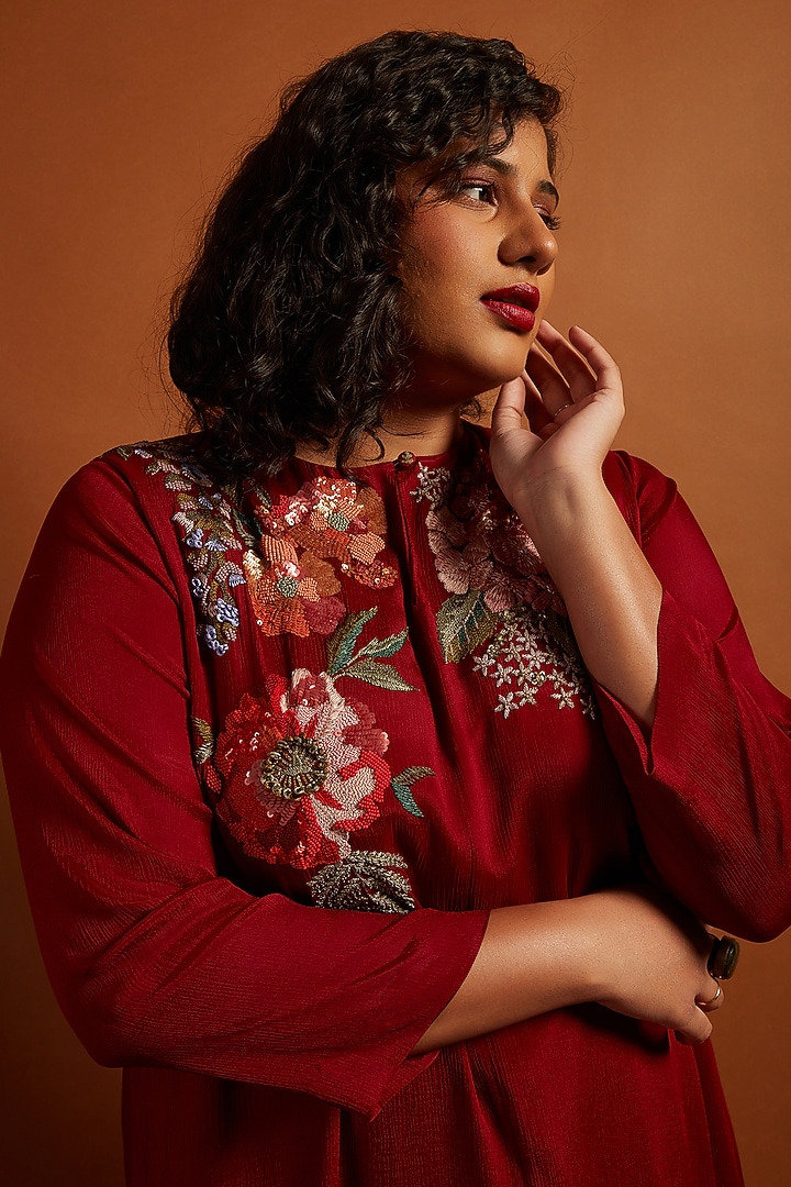 Deep Red Crepe Chiffon Embroidered Flapper Vacation Dress by Half Full Curve at Pernia's Pop Up Shop