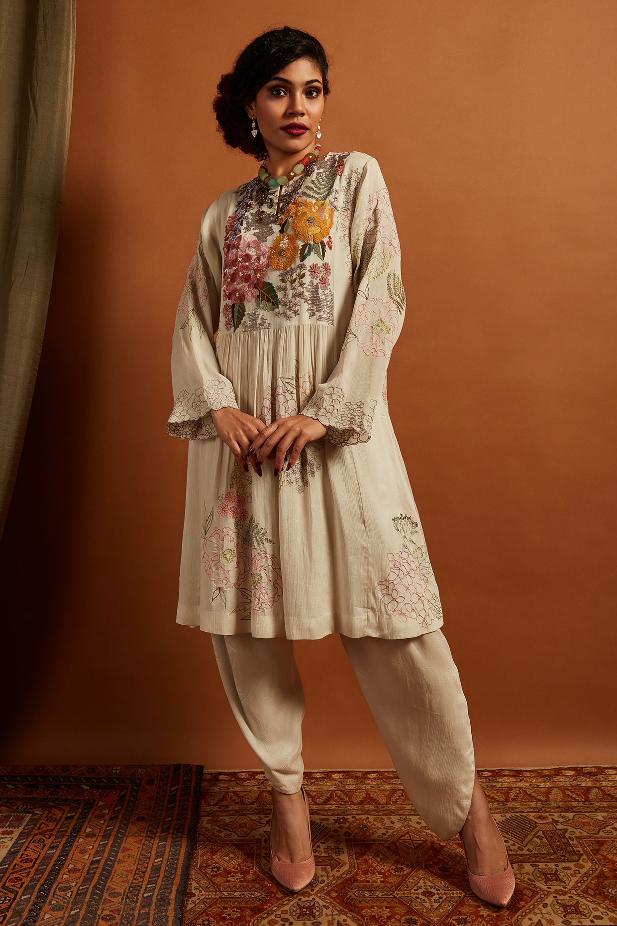Half Full Curve Ecru Crepe Chiffon Embroidered Gathered Kurta Set