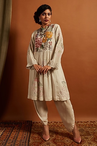 Ecru Crepe Chiffon Embroidered Gathered Kurta Set by Half Full Curve