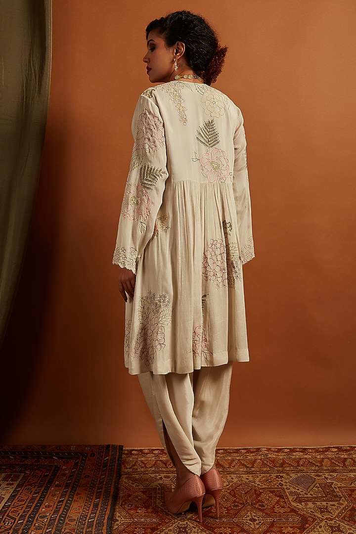 Ecru Crepe Chiffon Embroidered Gathered Kurta Set by Half Full Curve at Pernia's Pop Up Shop