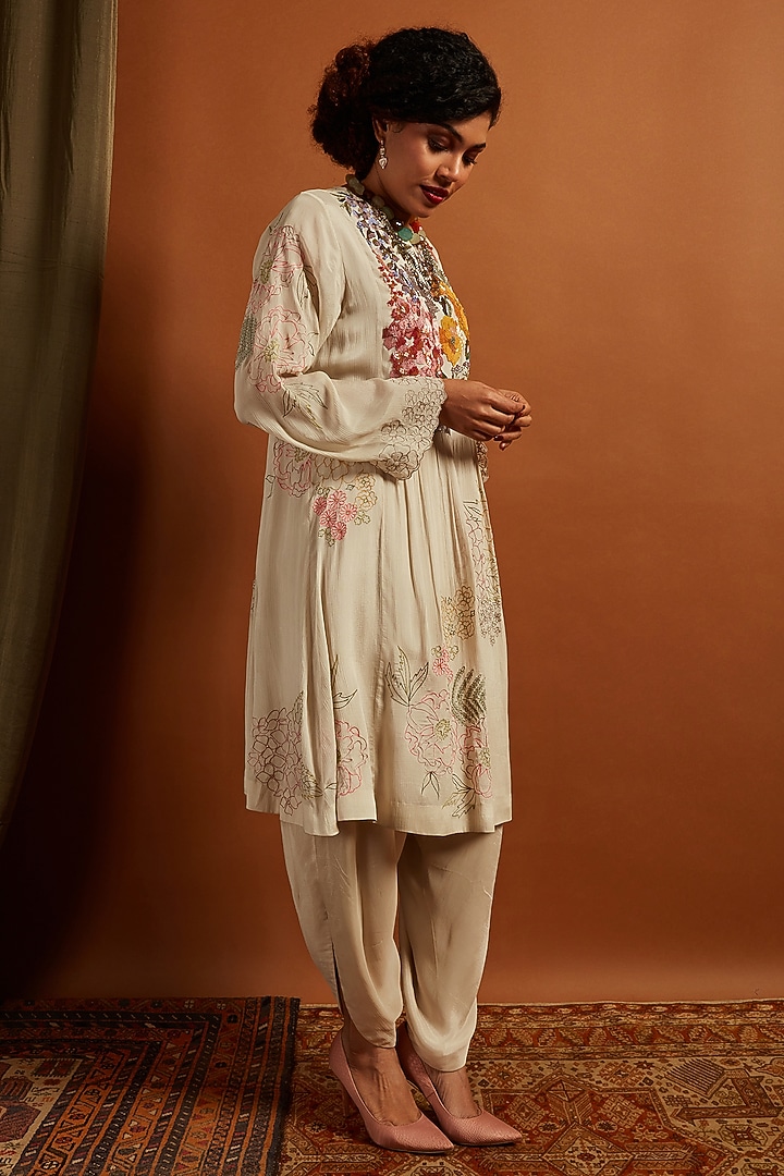 Ecru Crepe Chiffon Embroidered Gathered Kurta Set by Half Full Curve at Pernia's Pop Up Shop