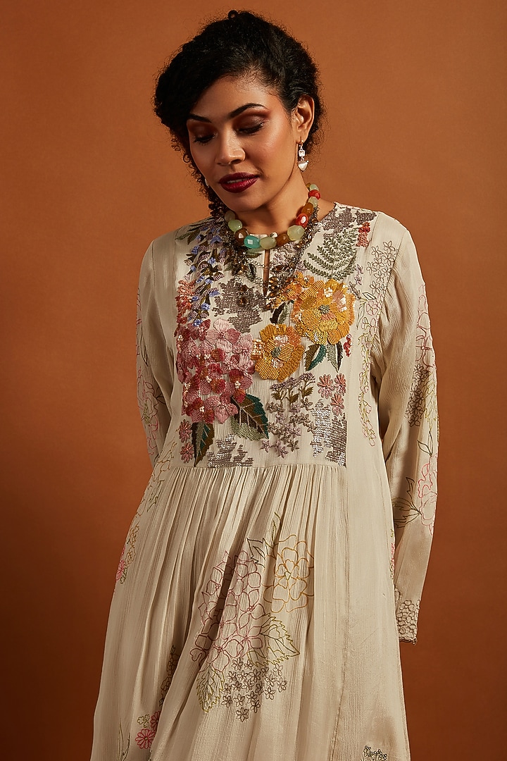 Ecru Crepe Chiffon Embroidered Gathered Kurta Set by Half Full Curve at Pernia's Pop Up Shop