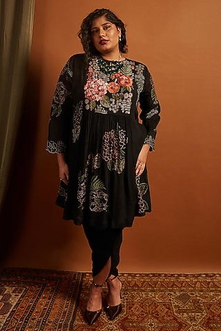 Black Crepe Chiffon Embroidered Gathered Kurta Set by Half Full Curve