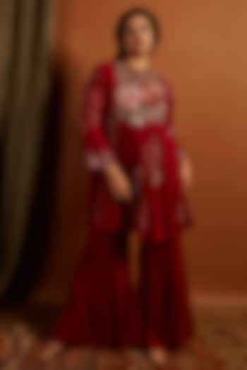 Deep Red Crepe Chiffon Embroidered Gathered Kurta Set by Half Full Curve at Pernia's Pop Up Shop