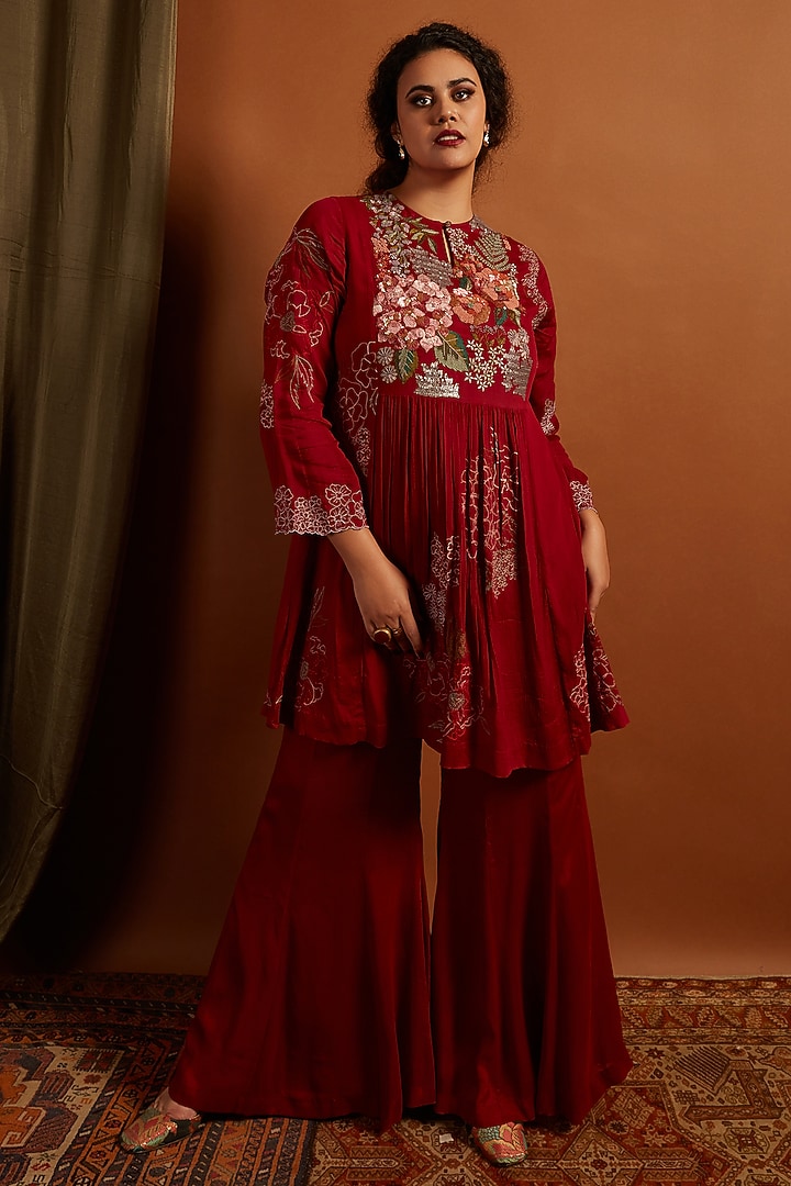 Deep Red Crepe Chiffon Embroidered Gathered Kurta Set by Half Full Curve at Pernia's Pop Up Shop