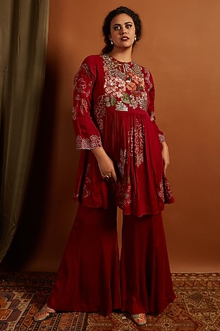 Deep Red Crepe Chiffon Embroidered Gathered Kurta Set by Half Full Curve